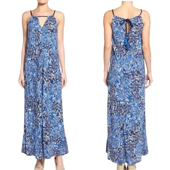 NWT LUCKY BRAND Indigo Floral Maxi Dress Boho Tassel Beach Dress Cover Up Size S - Picture 16 of 16